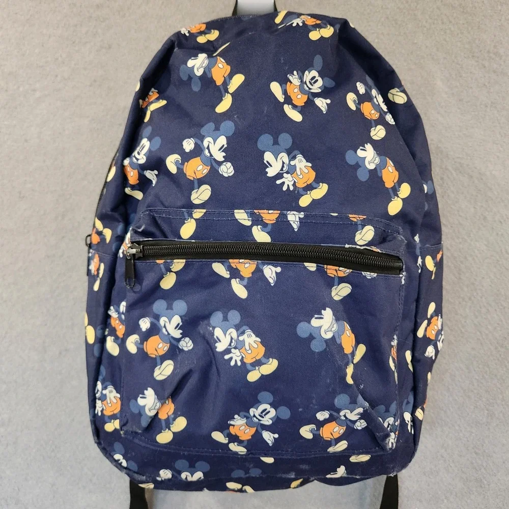 Disney Mickey Mouse Navy Blue All Over Print Polyester Backpack Front Zip Pocket